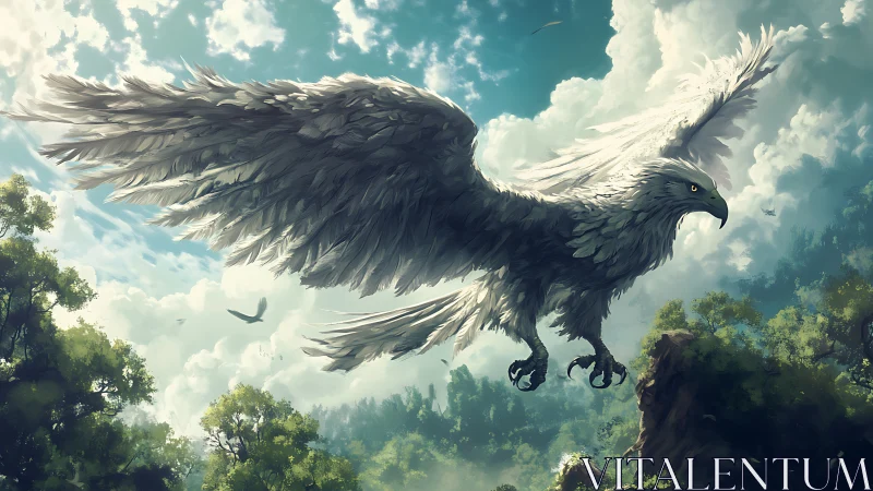 Sky-soaring silver griffin gliding above sunlit forest.