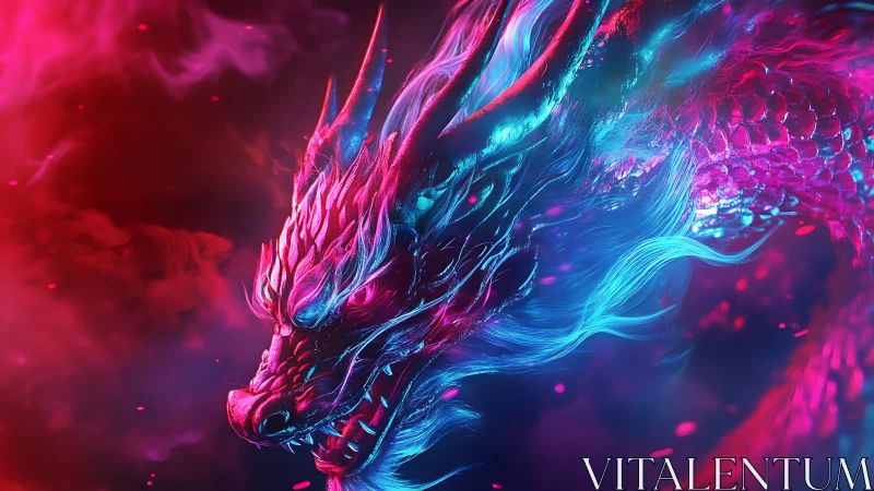 Radiant neon dragon glides through swirling cosmic clouds