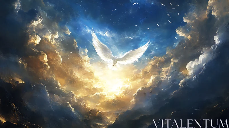 Luminous celestial dove ascending through volumetric storm clouds.
