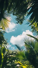 Tropical palm canopy opens onto bright summer sky.