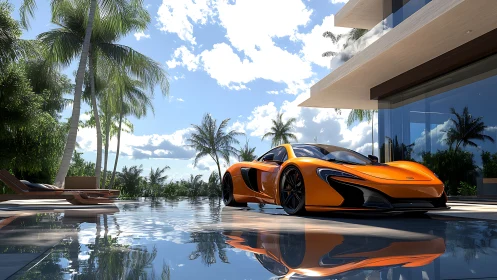 Sunlit supercar resting by a serene tropical poolside.