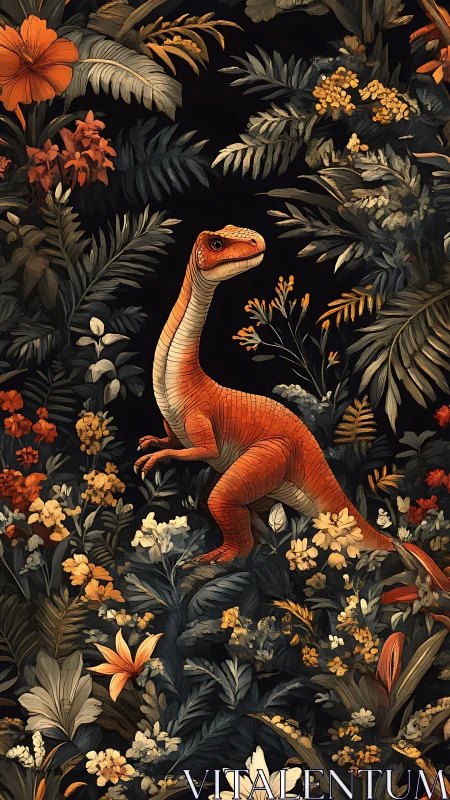 Orange dinosaur among dense floral jungle foliage.