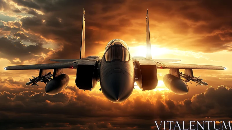 Twin‑engine fighter jet front view against clouded sunset sky.
