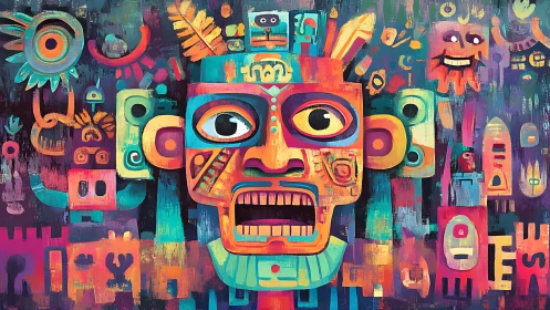Vibrant tribal mask dominates chaotic geometric totem field