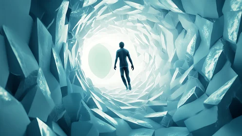 Human figure levitates through crystalline tunnel toward luminous core