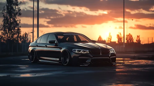 Lowered black sedan in wet parking lot at sunset light.