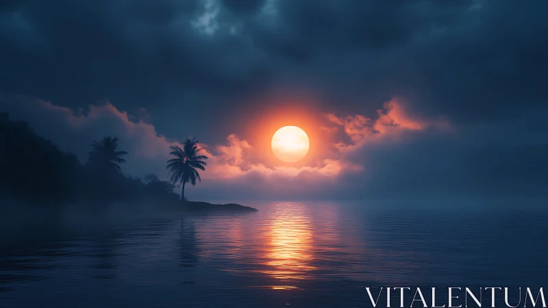 Solitary sun over misted tropical shoreline at dusk.
