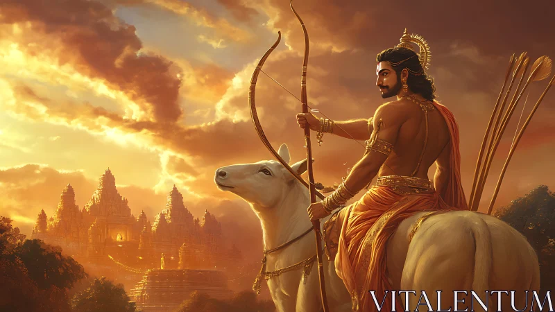 Sun-drenched warrior prince atop sacred white steed at dawn.