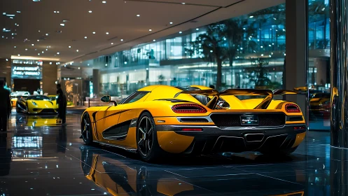 Hypercar showroom with illuminated carbon aero and reflections.