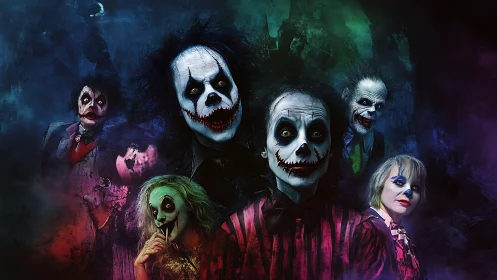 Group of sinister clowns in smoky, colorful darkness.
