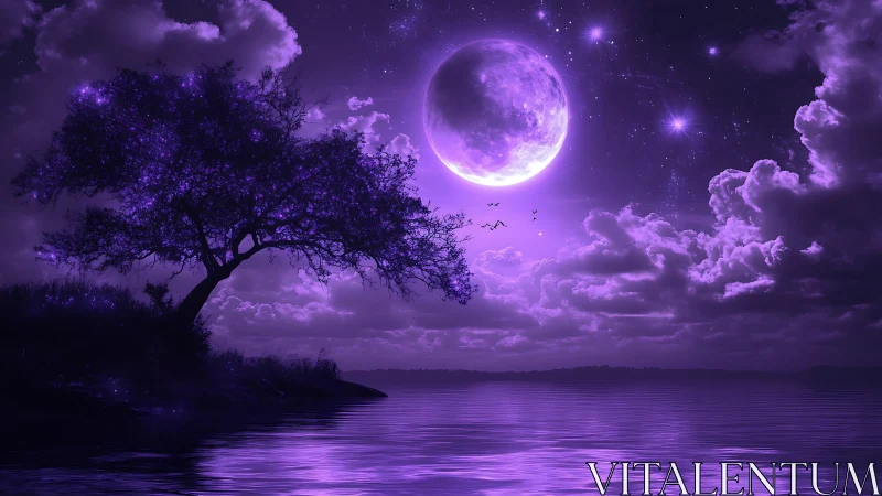 Lunar-reflective violet shoreline under hypersaturated nebular sky.