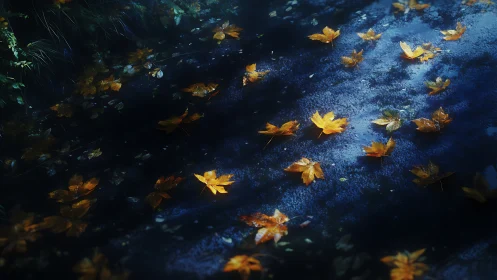 Golden autumn leaves float across dark wet pavement