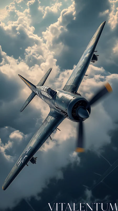 WWII fighter aircraft cuts through stormy clouds in flight