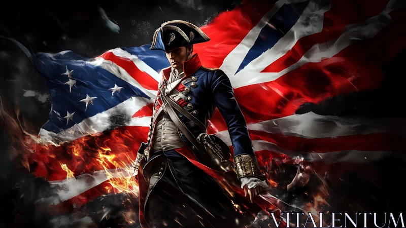 Revolutionary war officer before dual torn flags in flames