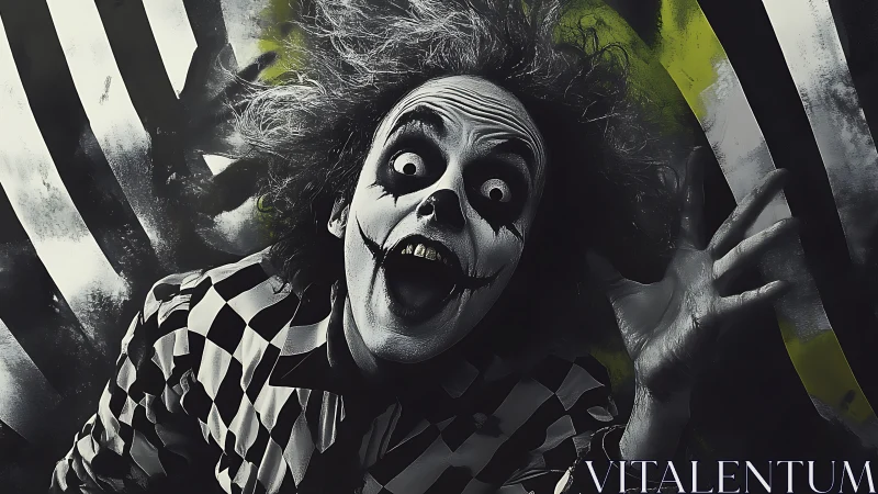 Monochrome clown figure poses against striped background scene