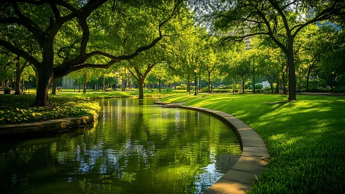 Curved water channel runs through a structured urban park