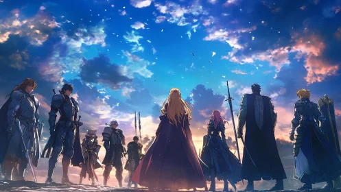 Twilight oath of skybound knights on a glowing horizon.