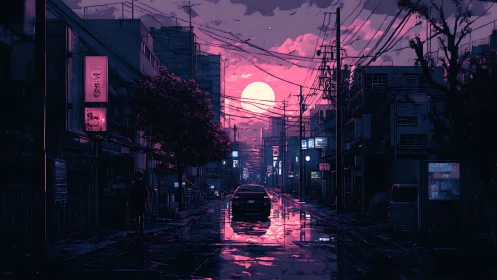 Urban street at dusk with car, neon lights and wet roadway.