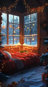 Cozy winter cabin bed overlooks snowy forest at dusk