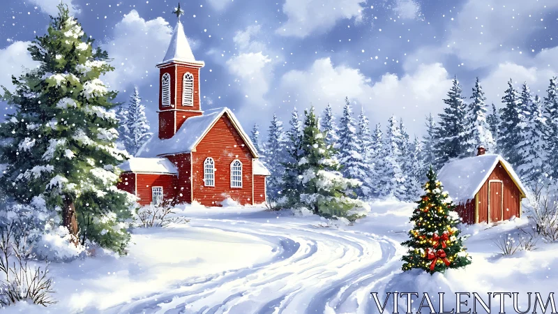Snow-covered red chapel and cabin in festive winter landscape.
