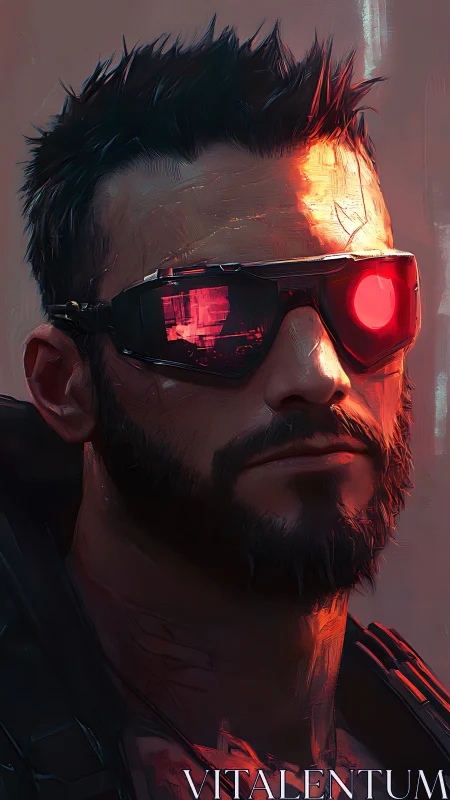 Cybernetic mercenary portrait under neon red light.