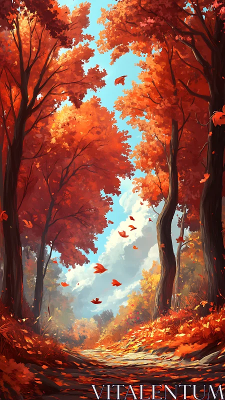 Autumn forest pathway with deciduous canopy and falling leaves.