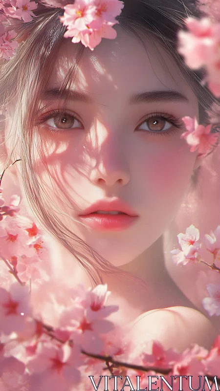 Blossom-framed portrait with luminous soft-focus beauty.