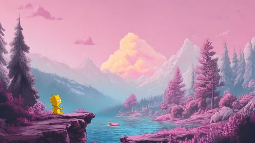Cartoon girl in neon pink alpine landscape by tranquil lake