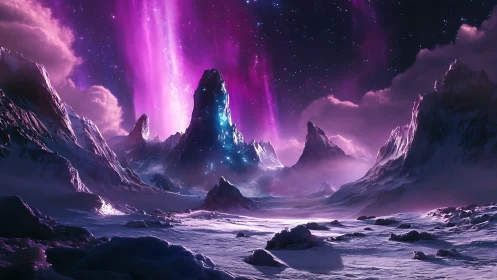 Alien ice peaks glow beneath radiant violet auroras.