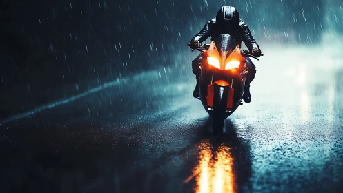 Motorcycle rider cuts through neon rain-soaked city street.