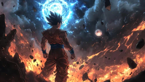 Figure observes energy vortex above fragmented volcanic terrain