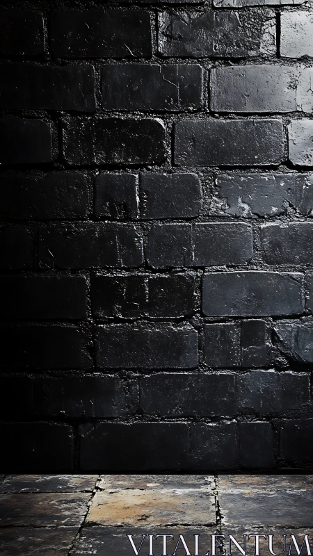Dark worn brick wall with rough stone floor background.