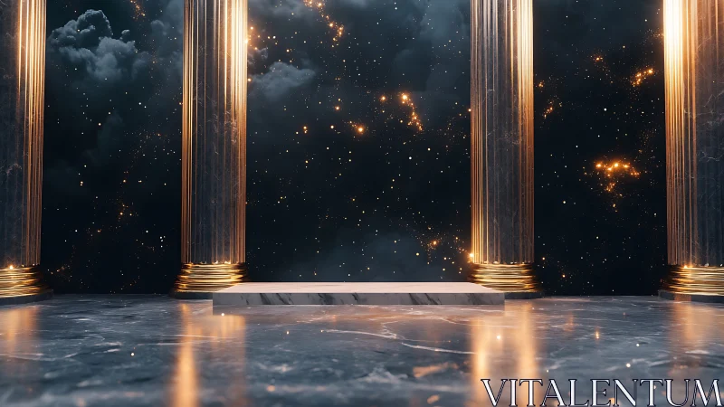 Celestial marble podium framed by luminous neoclassical columns.