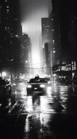 Rain falls on urban street as taxis move through wet roadway