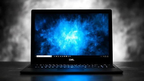 Sleek laptop displays vivid blue abstract cloud wallpaper