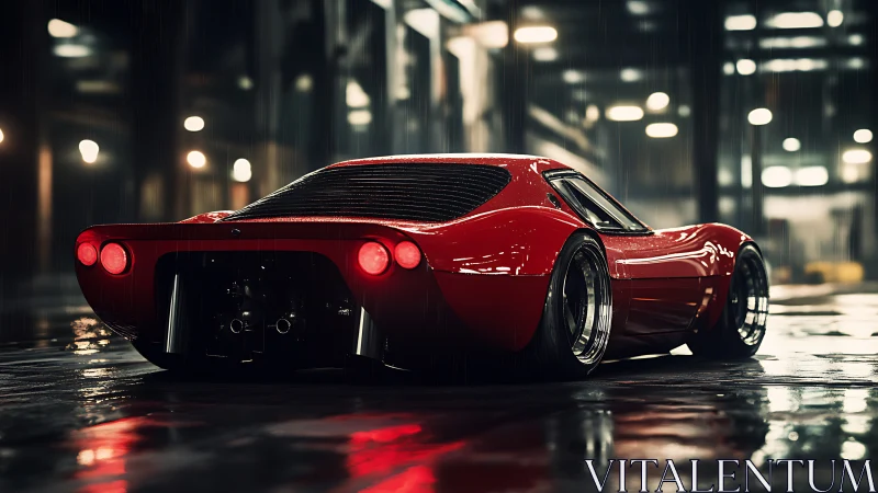 Crimson street rocket hums softly beneath the rainy neon