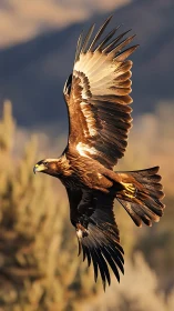 Golden eagle soars through warm mountain light at sunset.