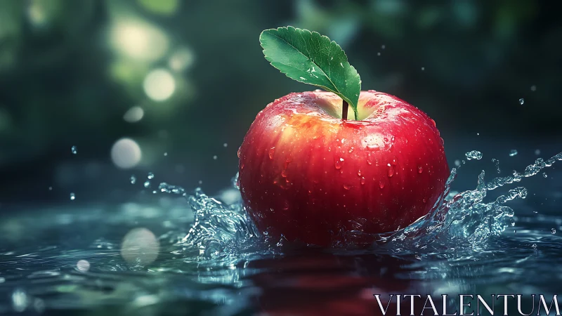 Red apple splashes through reflective water in studio light.