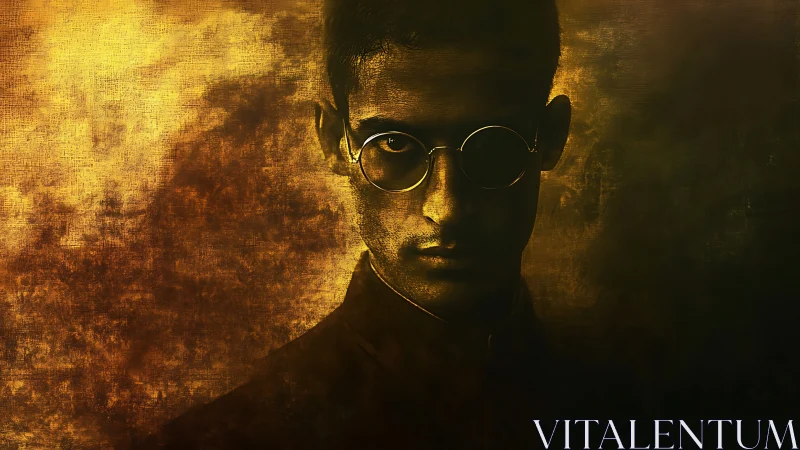 Moody chiaroscuro portrait with round glasses and golden patina.