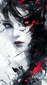 Digital portrait shows fragmented female face with red accents