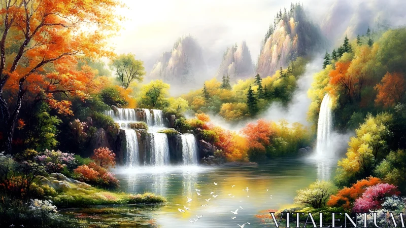 Luminous autumn cascades in panoramic digital landscape painting.