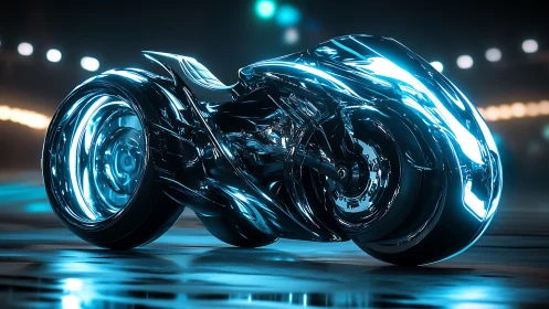 Futuristic neon-lit motorcycle with sleek reflective body.