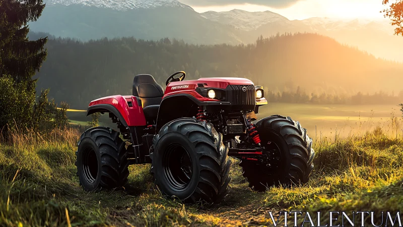 Red off-road tractor dominates mountain valley trail at sunset