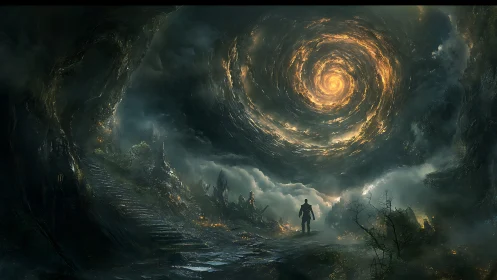 Lone warrior confronting fiery vortex over ruined valley.