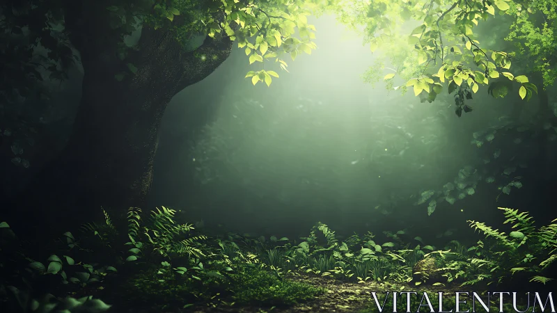 Forest clearing with canopy filtering light through overhead vegetation.
