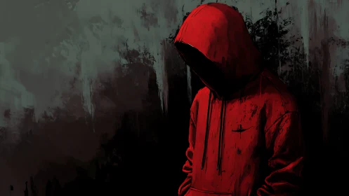 Digital painting of hooded figure in red against grunge wall.