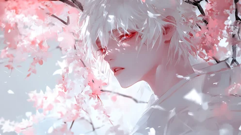 White haired youth beneath ethereal pink blossoms in bloom.