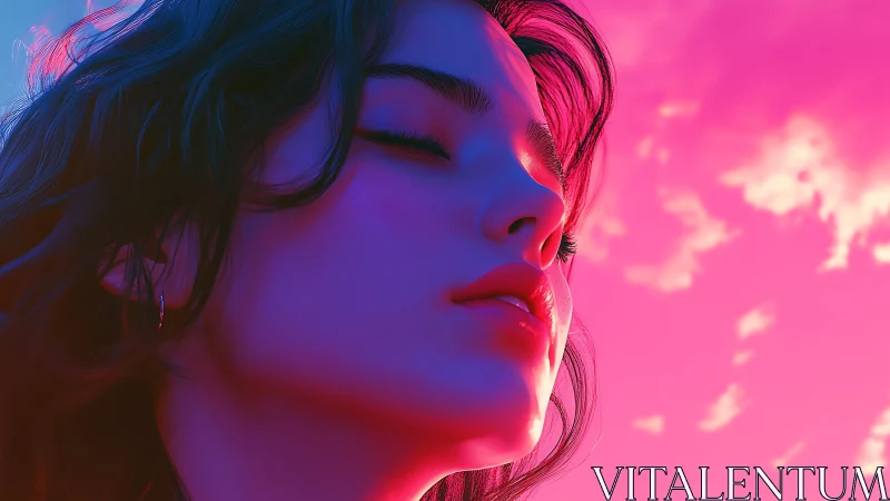 Side profile of young woman under neon pink sky.