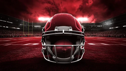 Football helmet dominates red stadium field under stormy sky