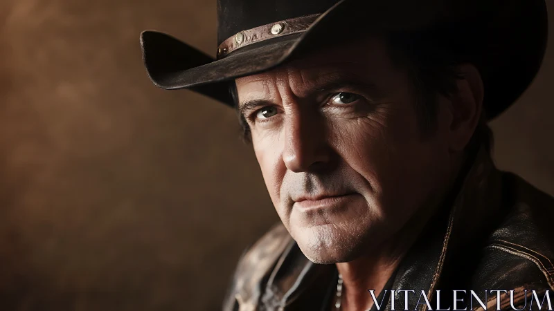 Rugged middle‑aged cowboy portrait in side‑lit close‑up view